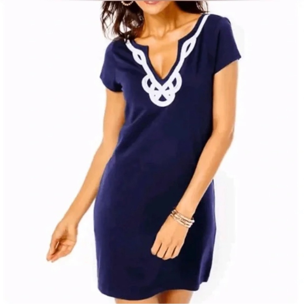 LILLY PULITZER NAVY DRESS WITH WHITE RIBBON TRIM • 💯% PIMA COTTON • sz XS